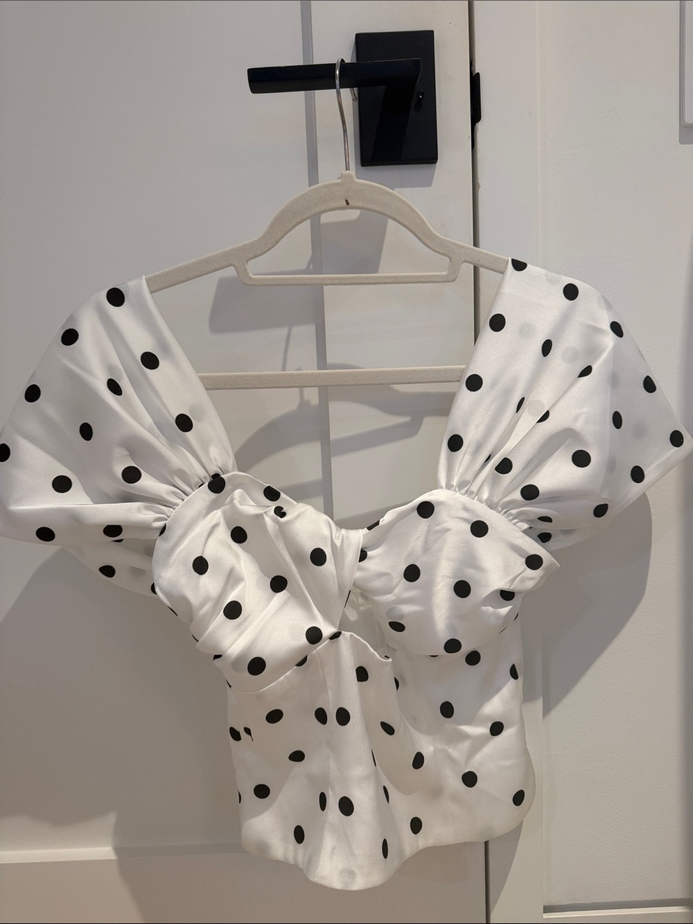 One-Shoulder White Polka Dot Dress with Puff Sleeve Detail